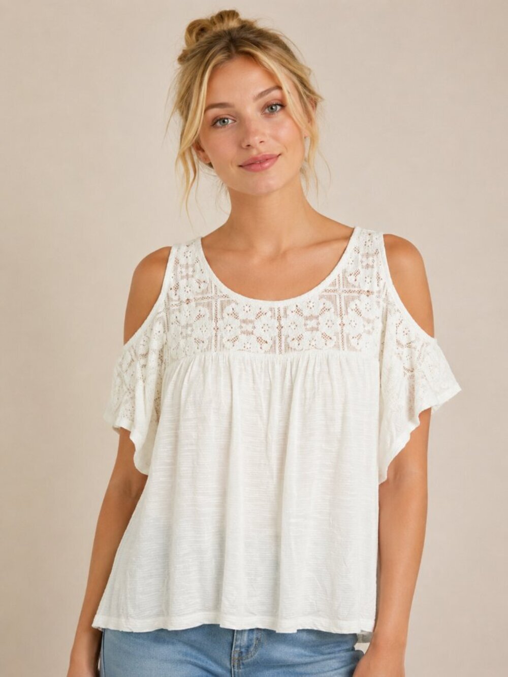 Lucky Brand Cold Shoulder Embroidered Lace Blouse White Large #A3009